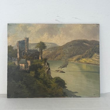 Free Shipping Within Continental US - Vintage signed Scenic painting of a castle on the water. 