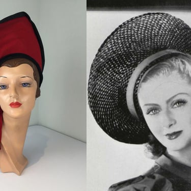 Standing On Her Own Terms - Vintage 1940s Red & Black Wool Felt Sculpted Slanted Halo Hat - Rare 