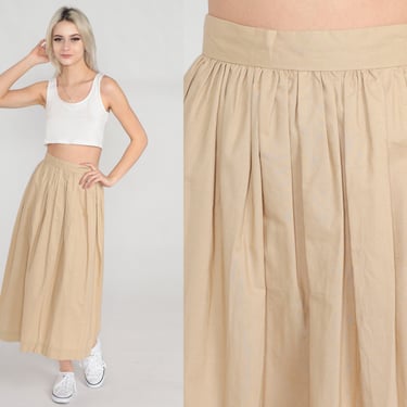 Tan Pleated Skirt 70s Midi Skirt High Waisted Skirt Retro Simple Basic Minimalist Plain Flowy Summer Neutral Vintage 1970s Extra Small xs 