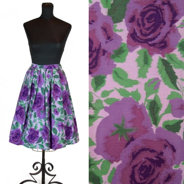 1950s Skirt ~ Purple Rose Cotton Pleated Skirt 