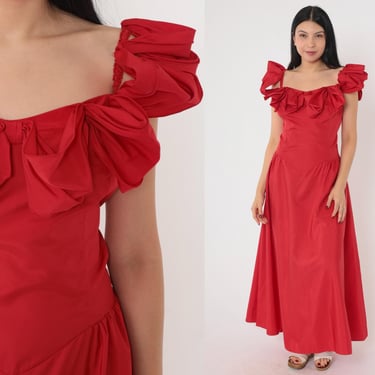 80s Red Taffeta Gown Off Shoulder Ruffle Bust Prom Dress Sweetheart Neckline Basque Waist Vintage Formal Dress ILGWU Medium Large 