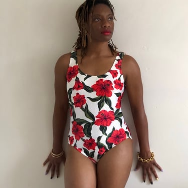 90s floral swim suit bathing suit / vintage white red hibiscus floral ribbed maillot tank one piece swimsuit bodysuit | S 