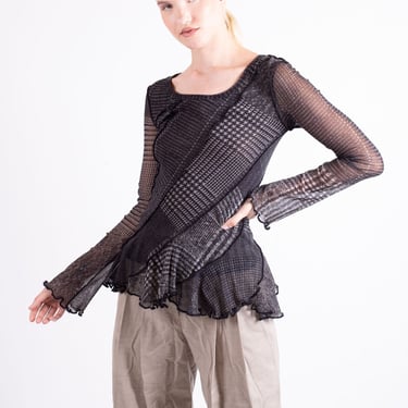 Vintage FUZZI Double Layered Mesh Mixed Houndstooth Print Peplum Top Y2K Minimal JPG GAULTIER Made in Italy Check Gingham 