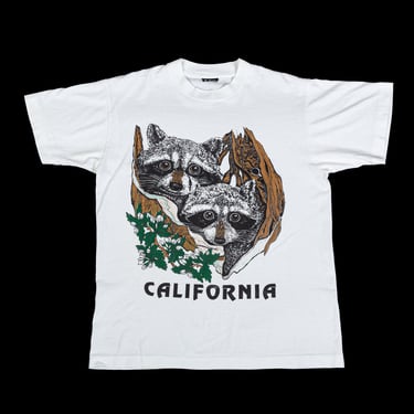 80s 90s California Raccoon T Shirt - Medium | Vintage Unisex White Graphic Tourist Animal Tee 