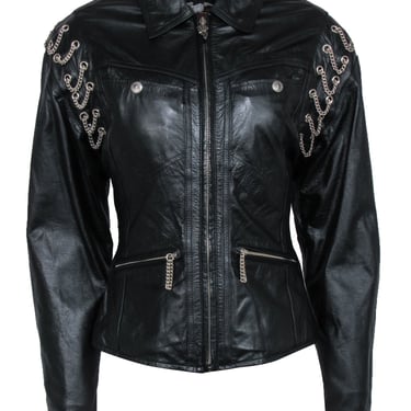 Harley Davidson - Vintage Black Leather Moto Jacket w/ Silver Chains Sz S