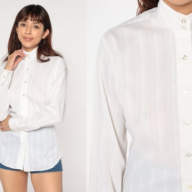 70s White Blouse Semi Sheer Striped Button Up Equestrian Top Preppy Long Sleeve Secretary Shirt Summer Seventies Vintage 1970s Small S 34 