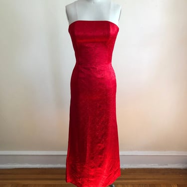 Embroidered Red Satin Column Dress by Jessica McClintock - 1990s 