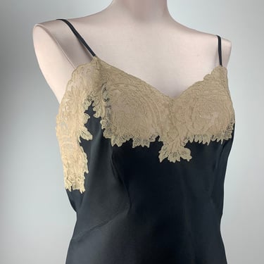 1940'S-50'S Silk Satin Bias-Cut Negligee - Black Silk Satin - Beautiful Chantilly Lace Details - Fine Spaghetti Straps - Size MEDIUM plus 