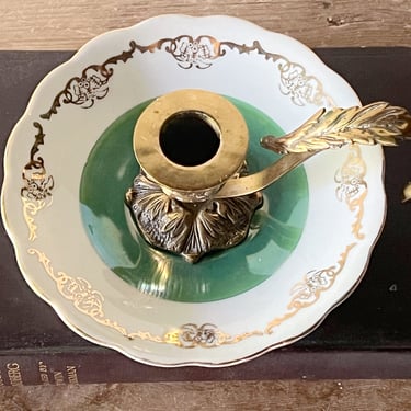 Saucer Chamberstick with Finger Loop, Vintage Porcelain Dish with Brass Candle Holder with Carrying Handle 