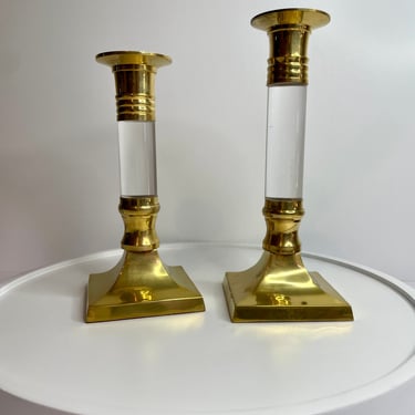 Pair of Vintage Brass and Acrylic Candlesticks | Mid Century Modern MCM, Hollywood Regency, Lucite Candle 