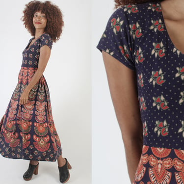 Vintage India Block Print Dress, Womens Cotton Indian Sundress, 70s Long Ethnic Waist Tie Hippie Maxi Dress 