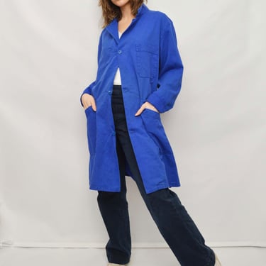 Vintage French Workwear Long Duster Coat - 100% Cotton Twill Chore Jacket - Cobalt Blue 