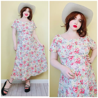 1990s Vintage Pastel Pale Yellow Floral Day Dress / 90s / Nineties Rose Garden Grunge Mid Length Dress / Size Large 