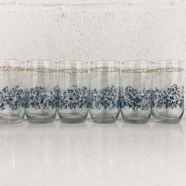Vintage Floral Glasses Blue Flower Set of 6 Daisy Pattern Flowers Juice Home Kitchen Glassware 1970s 