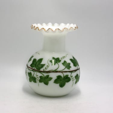 vintage Consolidated Hand Painted Milk Glass Vase with Ruffled Edge 