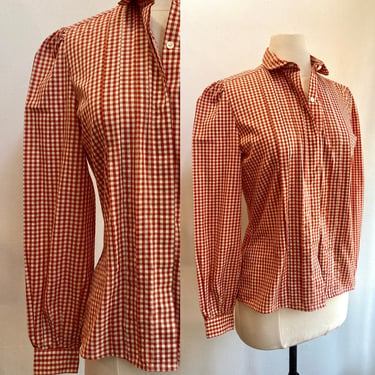 Vintage 70's 80's GINGHAM PUFF SLEEVE Blouse / Levi's Strauss & Co / Prairie Style / Peter Pan Collar + Covered Placket / Made in Hong Kong 