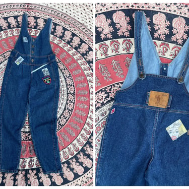 Vintage ‘80s GASOLINE JEANS denim overalls | dark wash denim, bib, patches, kids - girls L 