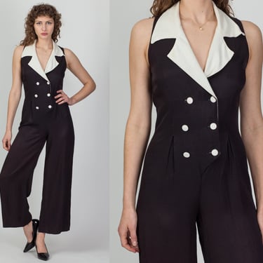 80s 90s Two-Tone Double Breasted Jumpsuit - Medium | Vintage Faded Black & White Sleeveless Notched Collar Pantsuit 