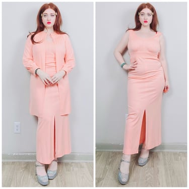 1970s Vintage Ayres Unlimited Pastel Peach Hostess Jacket Set / 70s / Poly Knit Maxi Dress With Matching Overcoat / Small - Medium 