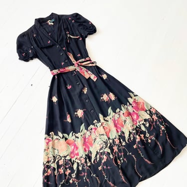 1970s Black Fruit + Floral Print Cotton Dress with Matching Waist Tie 