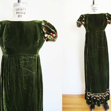 Vintage 60s Dark Green Velvet Maxi Dress XS - Empire Waist Puff Sleeve Embroidered 1960s Long Formal Dress 