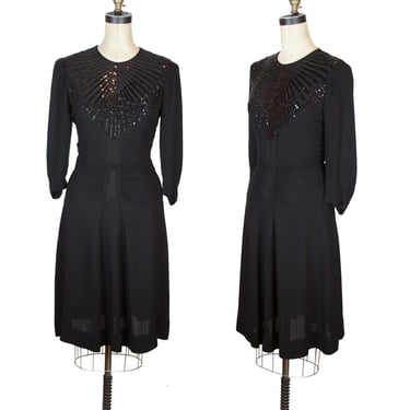 1940s Dress ~ Black Sequin Crepe Rayon New York Creation Dress 