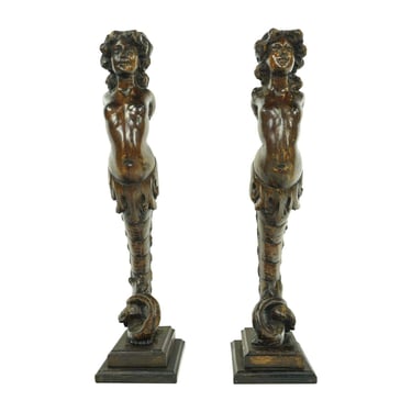 Pair of Hand Carved Pine Mermaids Furniture Support Legs