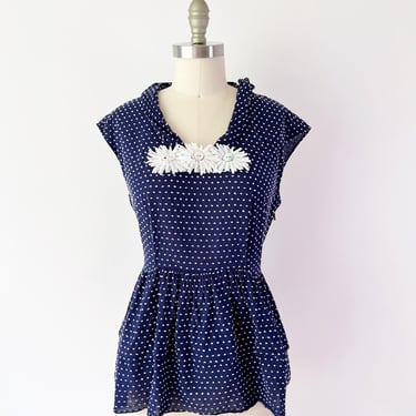 SIZE 8 Weisshorn Blouse by Girls from Savoy / Twee Anthropologie Y2K / Polka Dot Daisy Peplum Blouse 