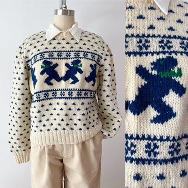 SIZE L 1980s Allen Solly Jerry Bear Sweater / 80s Intarsia Knit Sweater / Unique Crew neck Wool Sweater Grateful Dead 