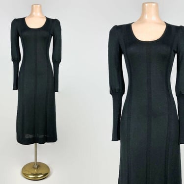 VINTAGE 1970s Black Italian Oracril Knit Dress by ORA With Leg-O-Mutton Sleeves | 70s Sexy Bombshell Sweater Dress | VFG 