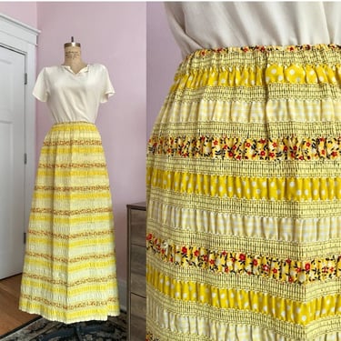 1960's Size 6/8 Yellow Quilted Calico Maxi Skirt 
