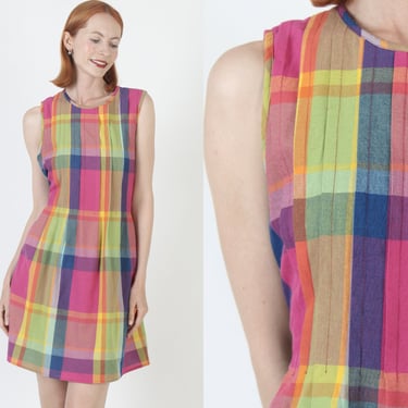 80s Rainbow Plaid Summer Dress Colorful Pastel Checker Print Vintage Bright Color Sundress Summer Picnic Mini Frock 