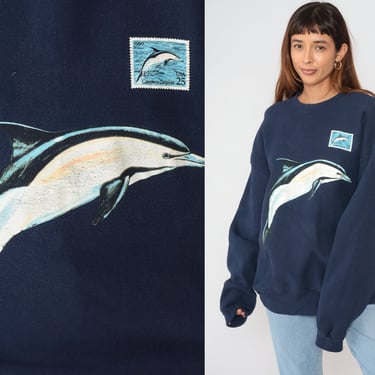 Dolphin Sweatshirt 90s Navy Blue Crewneck Sweater Postage Stamp Ocean Animal Graphic Shirt Wildlife Under The Sea Vintage 1990s Lee 2xl xxl 