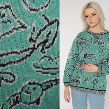 Green Novelty Sweater 80s Esprit Clock Watch Ring Art Print Pullover Crewneck Wool Blend Knit Ringer Sweater 1980s Vintage Extra Large XL 