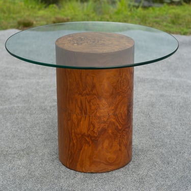 Milo Baughman for Thayer Coggin Drum Form Burl Wood Side Table with Glass Top