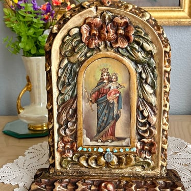 Vintage Religious Decor, Virgin Mary, Ornate Wood Carving, Mantel Decor, BVM, Blessed Mother, Catholic 