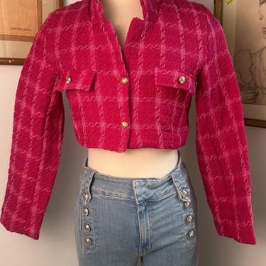 NWT Vintage Cropped Pink Plaid Jacket with Gold Button Details and Front Pockets | Valentine Gift | Beautiful Women Wears | Gifts For Her 