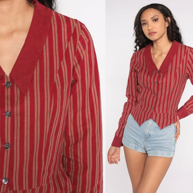 80s Laura Ashley Blouse Cotton Striped Blouse Button Up Shirt Chelsea Collar Top Red Vintage Preppy Retro Long Sleeve Shirt 1980s Medium 