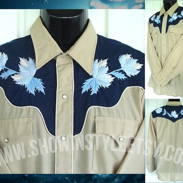 Karman Vintage Western Men's Cowboy & Rodeo Shirt, Beige with Embroidered Blue and White Flowers, Approx. Medium (see meas. photo) 