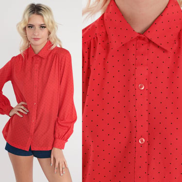 Polka Dot Shirt 70s 80s Red Top Button Up Blouse Boho Disco 1970s Collar Secretary Vintage Long Sleeve Retro Dot Print Point Collar Medium 