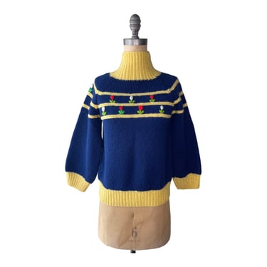 1950s hand knit blue and yellow sweater 