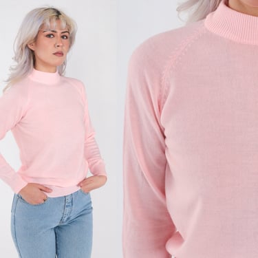 Baby Pink Sweater 70s Knit Sweater Lightweight Mock Neck Sweater Raglan Sleeve Pullover Jumper Plain 1970s Vintage Extra Small xs 