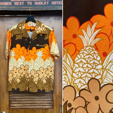 Vintage 1960’s Pineapple Mod Tiki Border Cotton Barkcloth Hawaiian Shirt, 60’s Vintage Clothing 