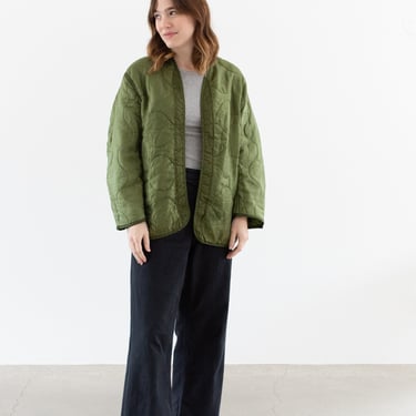 Vintage Green Liner Jacket | Unisex Wavy Quilted Nylon Coat | M | LI174 