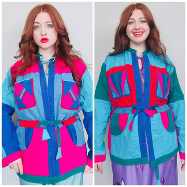 1980s Vintage Turquoise and Pink Hand Quilted Jacket / 80s Color Block Cotton Reversible Quilt Coat / Medium - Large 