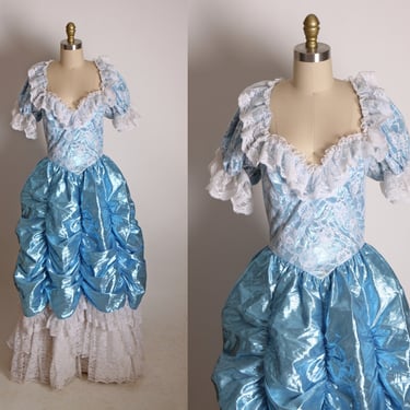 1970s Victorian Style Metallic Blue and White Ruffle Gathered Frilly Lace Full Length Pageant Princess Prom Dress by Loralie Original -XS 