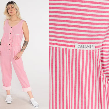 Striped Jumpsuit 90s Dreams Overalls Pink White Railroad Stripe Snap Up Sleeveless One Piece Romper Cuffed Pants Vintage 1990s Medium 