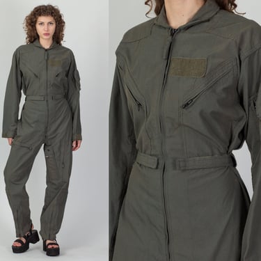 Vintage Flyer's Coveralls Air Force Flight Suit - Men's Medium, 38 R | 80s Olive Drab Army Green Utility Jumpsuit 