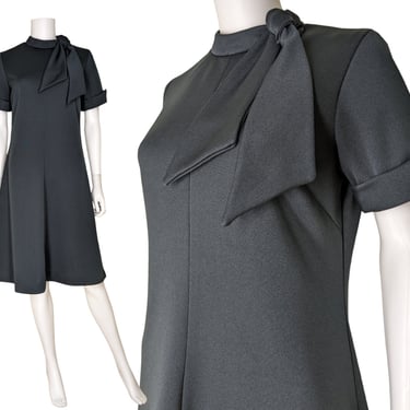 Vintage Mod Swing Dress, Medium / 60s Style Black Midi Shift Dress with Tie Collar 