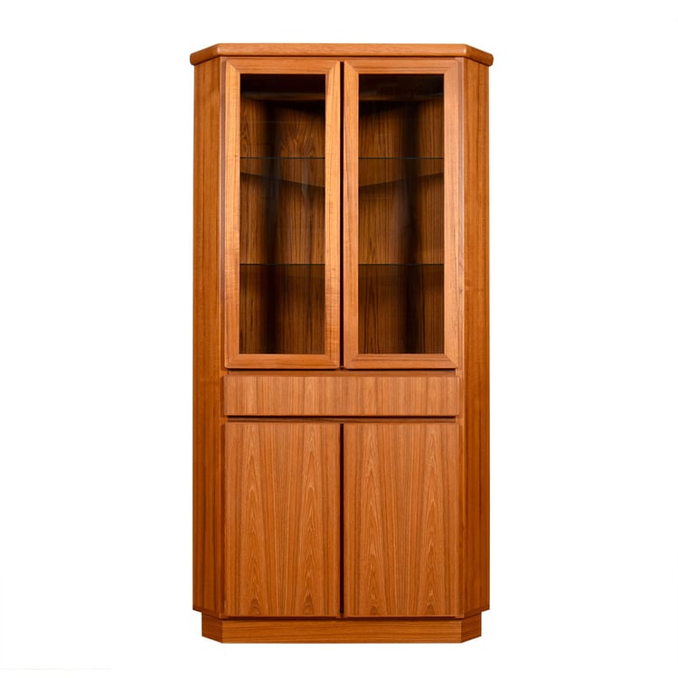 Corner Lighted Display Cabinet in Danish Teak w: Adjustable Shelves + Drawer